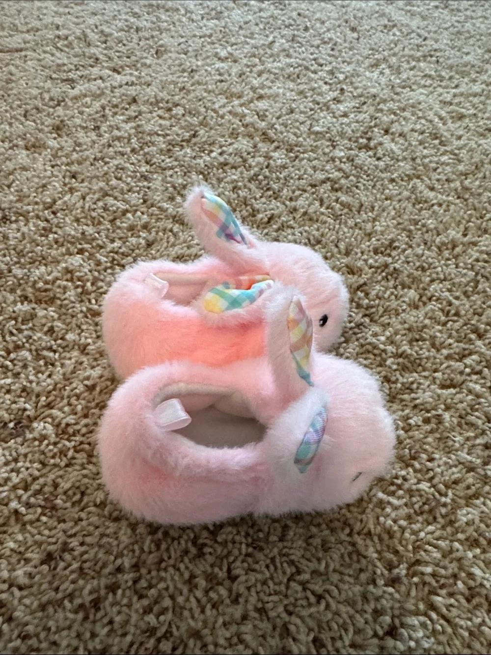 Pink Bunny Plush Slippers with Pastel Check Ears